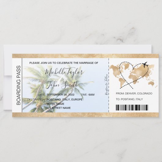 Hochzeit in Urlaubsort Boarding Pass Herzstück Flu Einladung (Vorderseite)