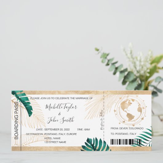 Hochzeit in Urlaubsort Boarding Pass - Nostalgie Einladung (Stehend Vorderseite)