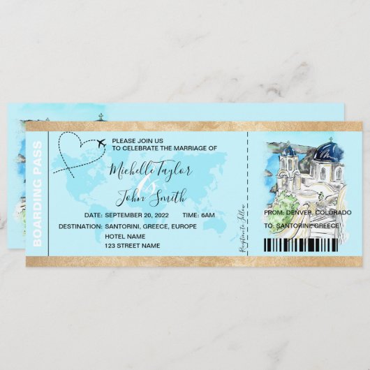 Hochzeit in Urlaubsort Boarding Pass Santorini Gri Einladung (Vorne/Hinten)