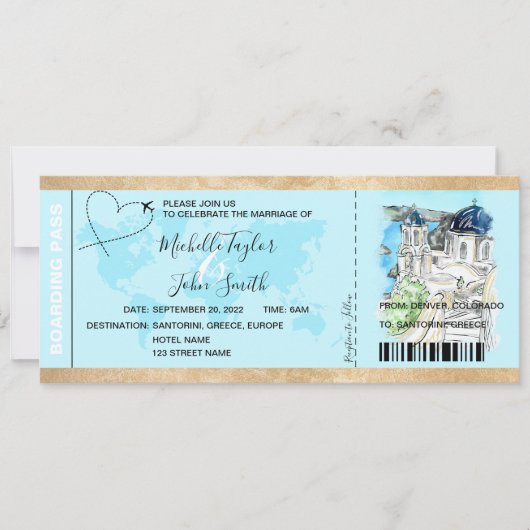 Hochzeit in Urlaubsort Boarding Pass Santorini Gri Einladung (Vorderseite)