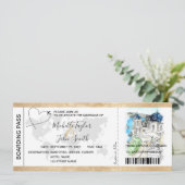 Hochzeit in Urlaubsort Boarding Pass Santorini Gri Einladung (Stehend Vorderseite)