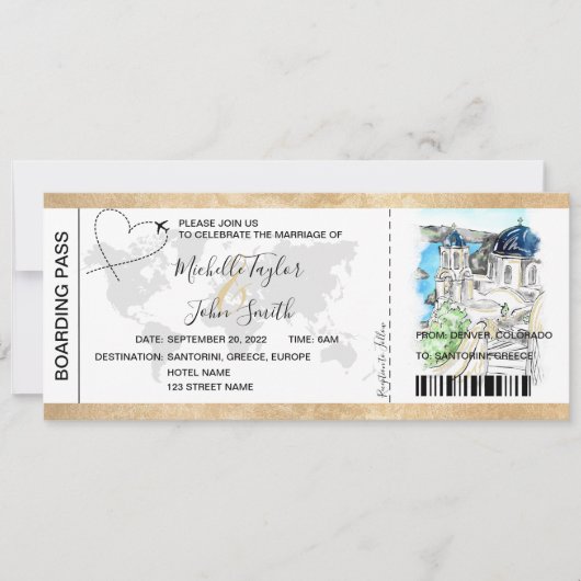 Hochzeit in Urlaubsort Boarding Pass Santorini Gri Einladung (Vorderseite)