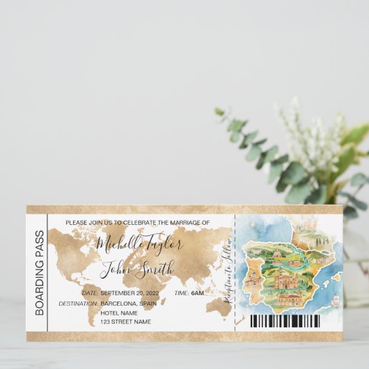 Hochzeit in Urlaubsort Boarding Pass Spanien Einladung (Stehend Vorderseite)