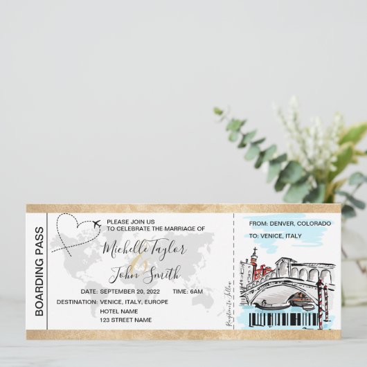 Hochzeit in Urlaubsort Boarding Pass Venedig Itali Einladung (Stehend Vorderseite)