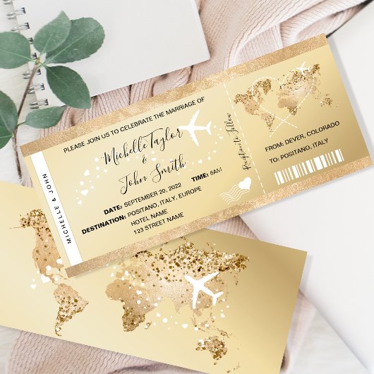 Hochzeit in Urlaubsort Boarding Ticket Gold Plan Einladung