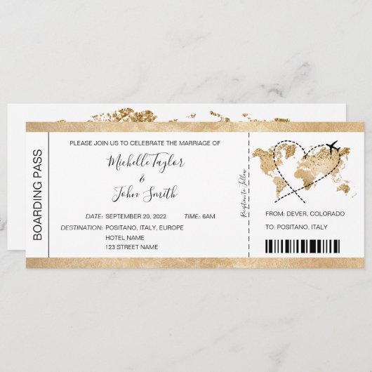Hochzeit in Urlaubsort Boarding Ticket Gold Plan Einladung (Vorne/Hinten)