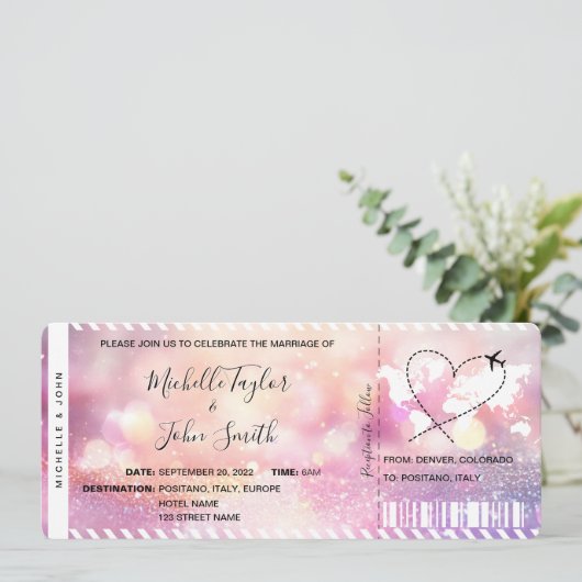 Hochzeit in Urlaubsort Boarding Ticket Gold Plan Einladung (Stehend Vorderseite)