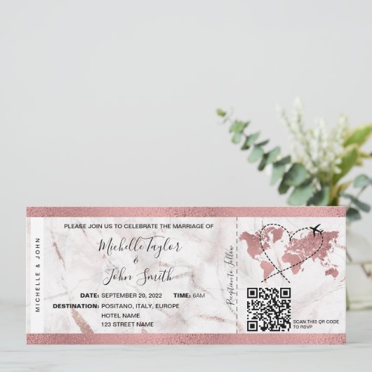 Hochzeit in Urlaubsort Boarding Ticket QR Code Einladung (Stehend Vorderseite)