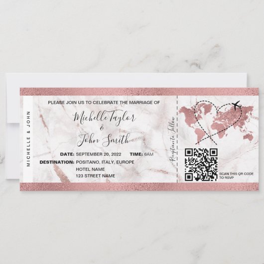 Hochzeit in Urlaubsort Boarding Ticket QR Code Einladung (Vorderseite)