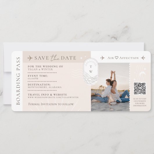 Hochzeit in Urlaubsort Boarding Ticket QR Code Einladung (Vorderseite)