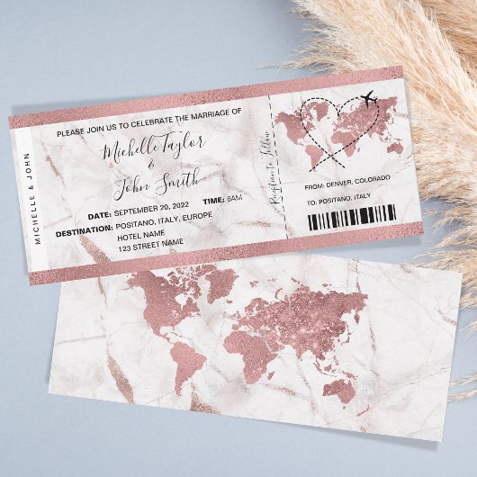 Hochzeit in Urlaubsort Boarding Ticket Rose Gold Einladung