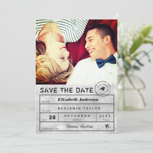Hochzeit in Urlaubsort Chic Silver Gepäckanhänger Save The Date (Stehend Vorderseite)