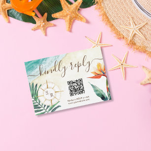 Hochzeit in Urlaubsort Compass Monogram QR Code RSVP Karte