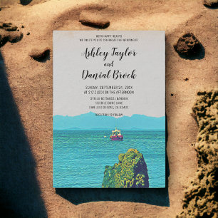 Hochzeit in Urlaubsort der Vintagen Bootsfahrt Einladung