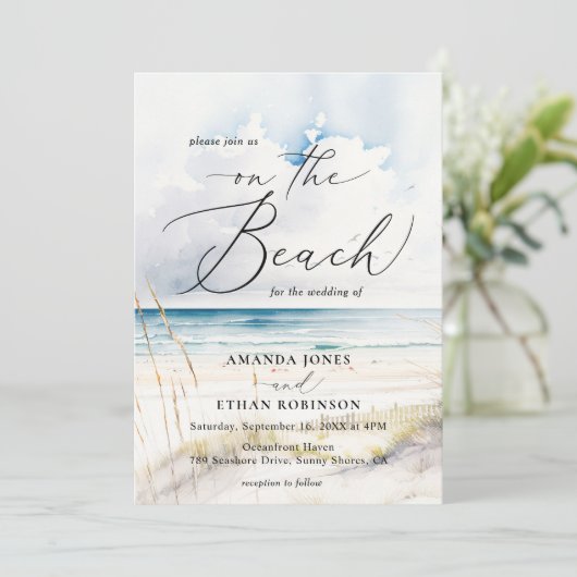 Hochzeit in Urlaubsort des Aquarells Einladung (Stehend Vorderseite)