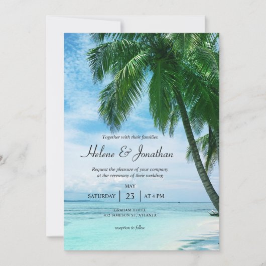 Hochzeit in Urlaubsort des Palmen Beach Tropical O Einladung (Vorderseite)
