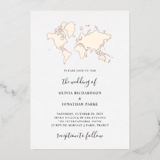Hochzeit in Urlaubsort | Elegante World Map Rose G Folieneinladung (Vorderseite)