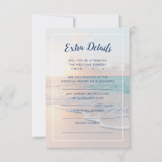 Hochzeit in Urlaubsort für Sonnenuntergänge am Str RSVP Karte (Rückseite)