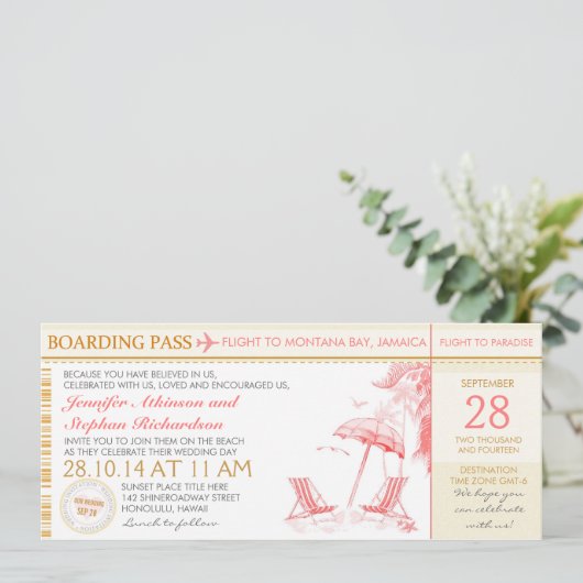 Hochzeit in Urlaubsort für tropischen Boarding Einladung (Stehend Vorderseite)