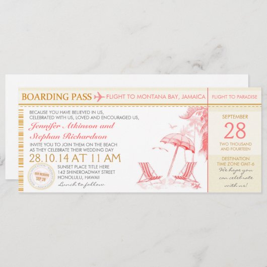 Hochzeit in Urlaubsort für tropischen Boarding Einladung (Vorne/Hinten)