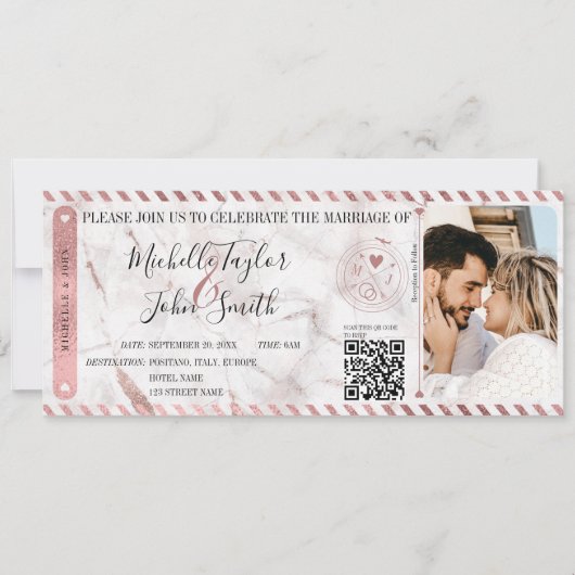 Hochzeit in Urlaubsort Gold Boarding Pass QR Code Einladung (Vorderseite)