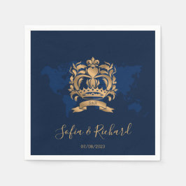 Hochzeit in Urlaubsort Gold Navy Weltkarte Serviette