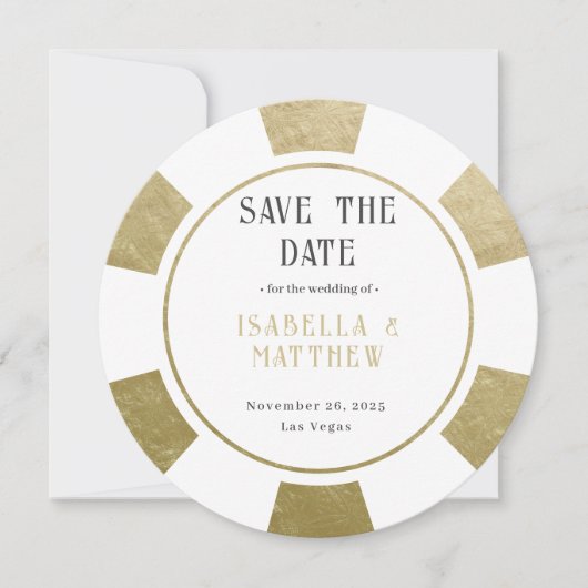 Hochzeit in Urlaubsort Gold Poker Chip Save The Date (Vorderseite)