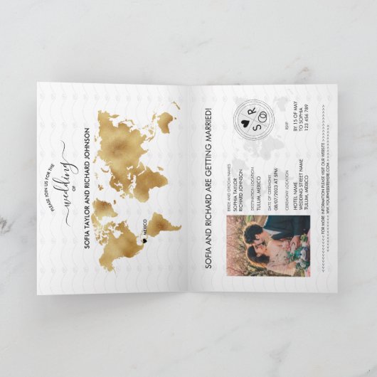 Hochzeit in Urlaubsort Palm Beach Gold Weltkarte Einladung (Innenseite)