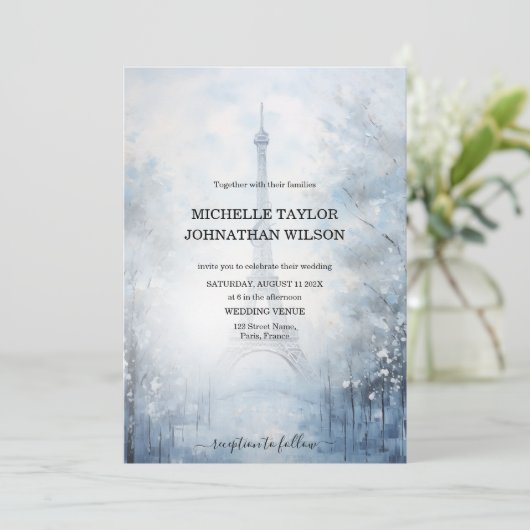 Hochzeit in Urlaubsort Paris Eiffel Tower Winter Einladung (Stehend Vorderseite)