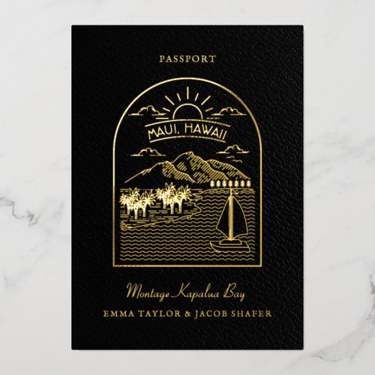 Hochzeit in Urlaubsort - Pass Save the Date Folieneinladung (Vorderseite)