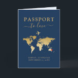 Hochzeit in Urlaubsort Passport Blue Gold Karte  <br><div class="desc">Hochzeit in Urlaubsort Passport Einladung mit einem Imitat Gold Foil World Map Cover Design mit beweglichem Herz-Location Marker, Goldflugzeug und "Pass to Liebe" bearbeitbaren Wortlaut für eine Hochzeit im Ausland in jedem Land der Welt. Jedes Stück dieser Passeinladung kann personalisiert werden, inklusive einer eigenen Hochzeitspass-Briefmarke im Inneren und einer authentisch...</div>