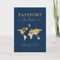 Hochzeit in Urlaubsort Passport Blue Gold Karte +
