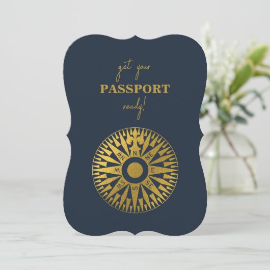 Hochzeit in Urlaubsort Passport Compass Hochzeit Einladung (Stehend Vorderseite)