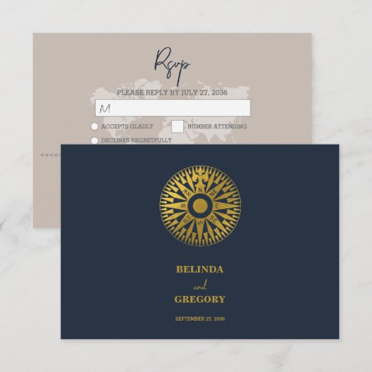 Hochzeit in Urlaubsort Passport Compass Hochzeit RSVP Karte (Vorne/Hinten)