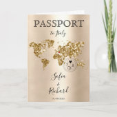 Hochzeit in Urlaubsort Passport Gold Weltkarte Bla Einladung (Vorderseite)