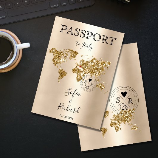 Hochzeit in Urlaubsort Passport Gold Weltkarte Bla Einladung