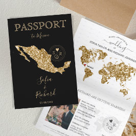 Hochzeit in Urlaubsort Passport Gold Weltkarte Mex Einladung