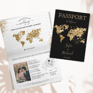 Hochzeit in Urlaubsort Passport Gold Weltkarte Mex Einladung