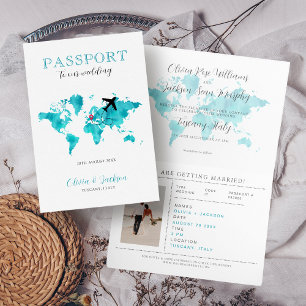 Hochzeit in Urlaubsort Passport Mint & Blue World  Einladung