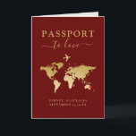 Hochzeit in Urlaubsort Passport Red Gold Karte   H<br><div class="desc">Rot, Gold, Antique White, Ivory und Tan Hochzeit in Urlaubsort Einladung mit einem Imitat Gold Foil World Map Cover Design mit beweglichem Herzenstandmarker, Goldflugzeug und "Pass to Liebe" bearbeitbaren Wortlaut für eine Hochzeit im Ausland in jedem Land der Welt. Jedes Stück dieser Passeinladung kann personalisiert werden, inklusive einer eigenen Hochzeitspass-Briefmarke...</div>