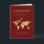 Hochzeit in Urlaubsort Passport Red Gold Karte   H<br><div class="desc">Rot, Gold, Antique White, Ivory und Tan Hochzeit in Urlaubsort Einladung mit einem Imitat Gold Foil World Map Cover Design mit beweglichem Herzenstandmarker, Goldflugzeug und "Pass to Liebe" bearbeitbaren Wortlaut für eine Hochzeit im Ausland in jedem Land der Welt. Jedes Stück dieser Passeinladung kann personalisiert werden, inklusive einer eigenen Hochzeitspass-Briefmarke...</div>