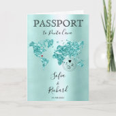 Hochzeit in Urlaubsort Passport Weltkarte Aqua Blu Einladung (Vorderseite)