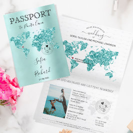 Hochzeit in Urlaubsort Passport Weltkarte Aqua Blu Einladung