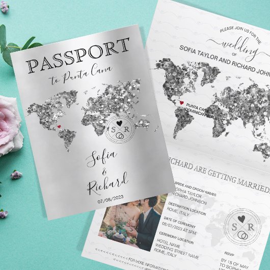Hochzeit in Urlaubsort Passport Weltkarte Silver Einladung