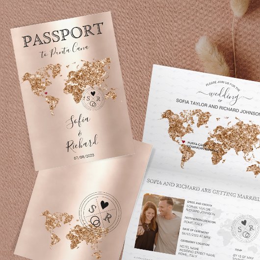 Hochzeit in Urlaubsort Passport World Map Glitzer Einladung