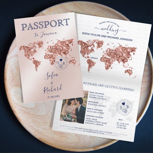 Hochzeit in Urlaubsort Passport World Map Rose Gol Einladung