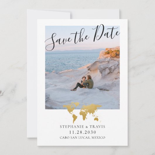 Hochzeit in Urlaubsort Picture Gold Weltkarte Save The Date (Vorderseite)
