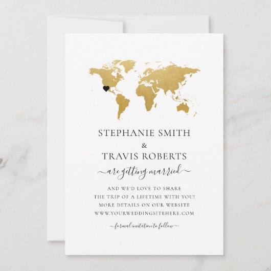 Hochzeit in Urlaubsort Picture Gold Weltkarte Save The Date (Rückseite)