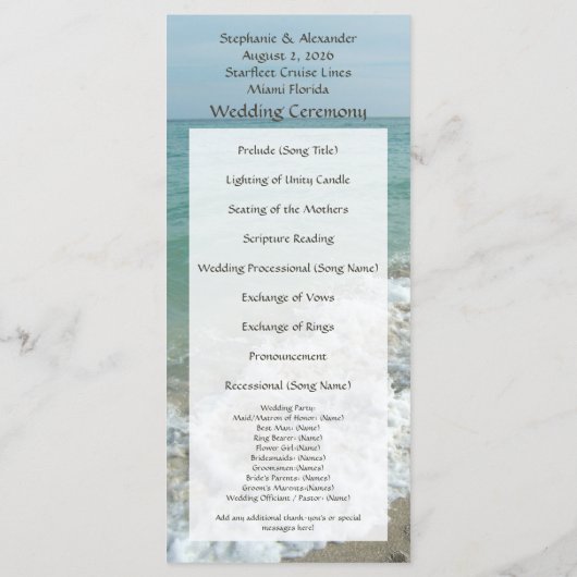 Hochzeit in Urlaubsort-Programm, Beach Theme Programm (Rückseite)