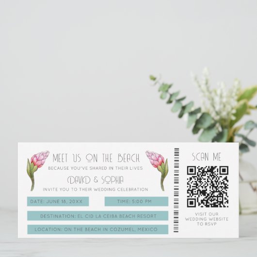 Hochzeit in Urlaubsort QR Code Boarding Pass Einladung (Stehend Vorderseite)
